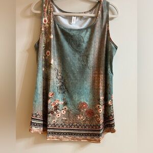 Zolucky Floral Art Tank Top - Teal and Brown, Size Large